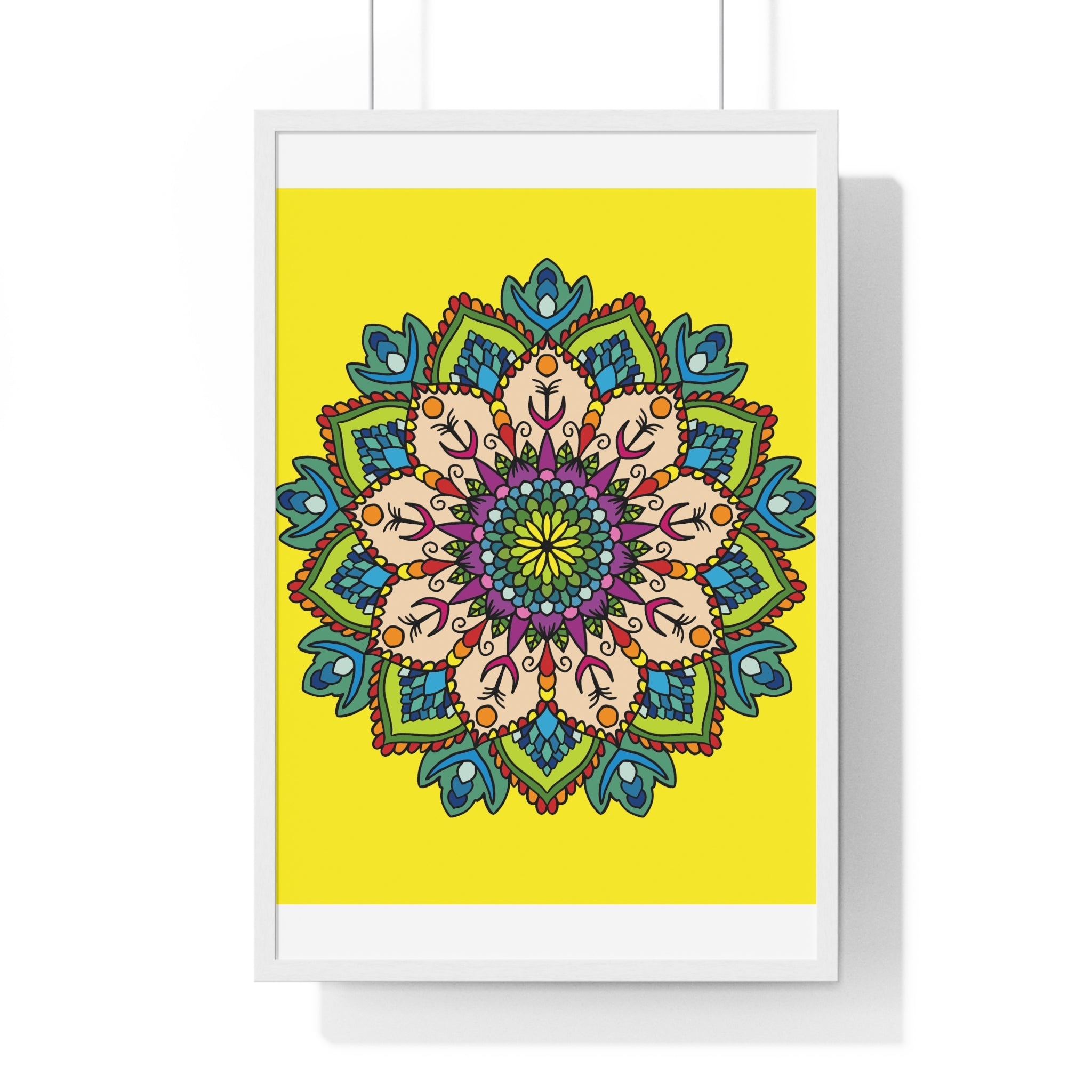 Yellow mandala art poster with intricate hand-drawn design for mindfulness and yoga