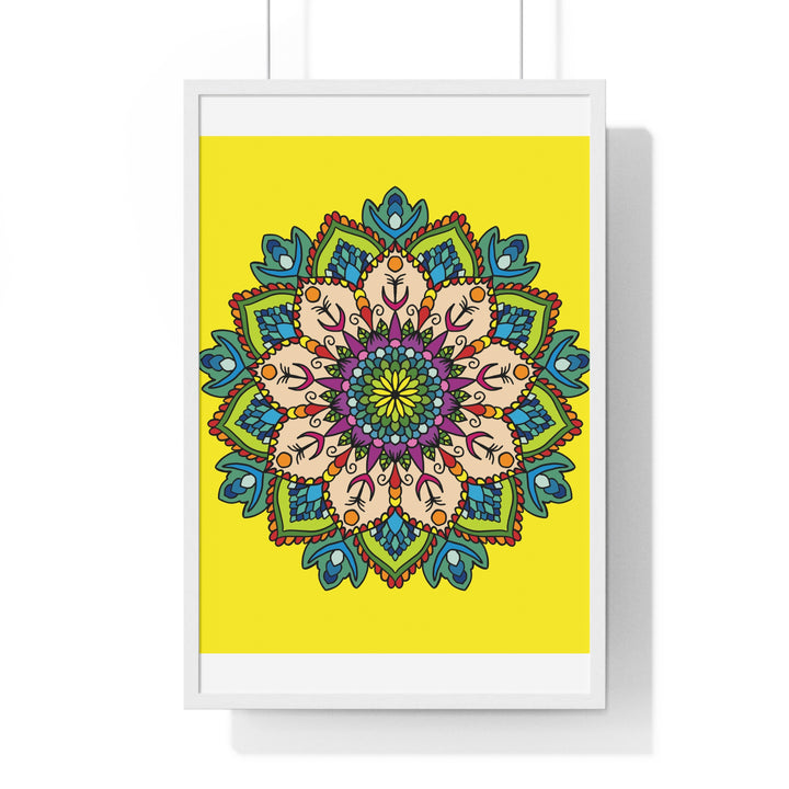 Yellow mandala art poster with intricate hand-drawn design for mindfulness and yoga