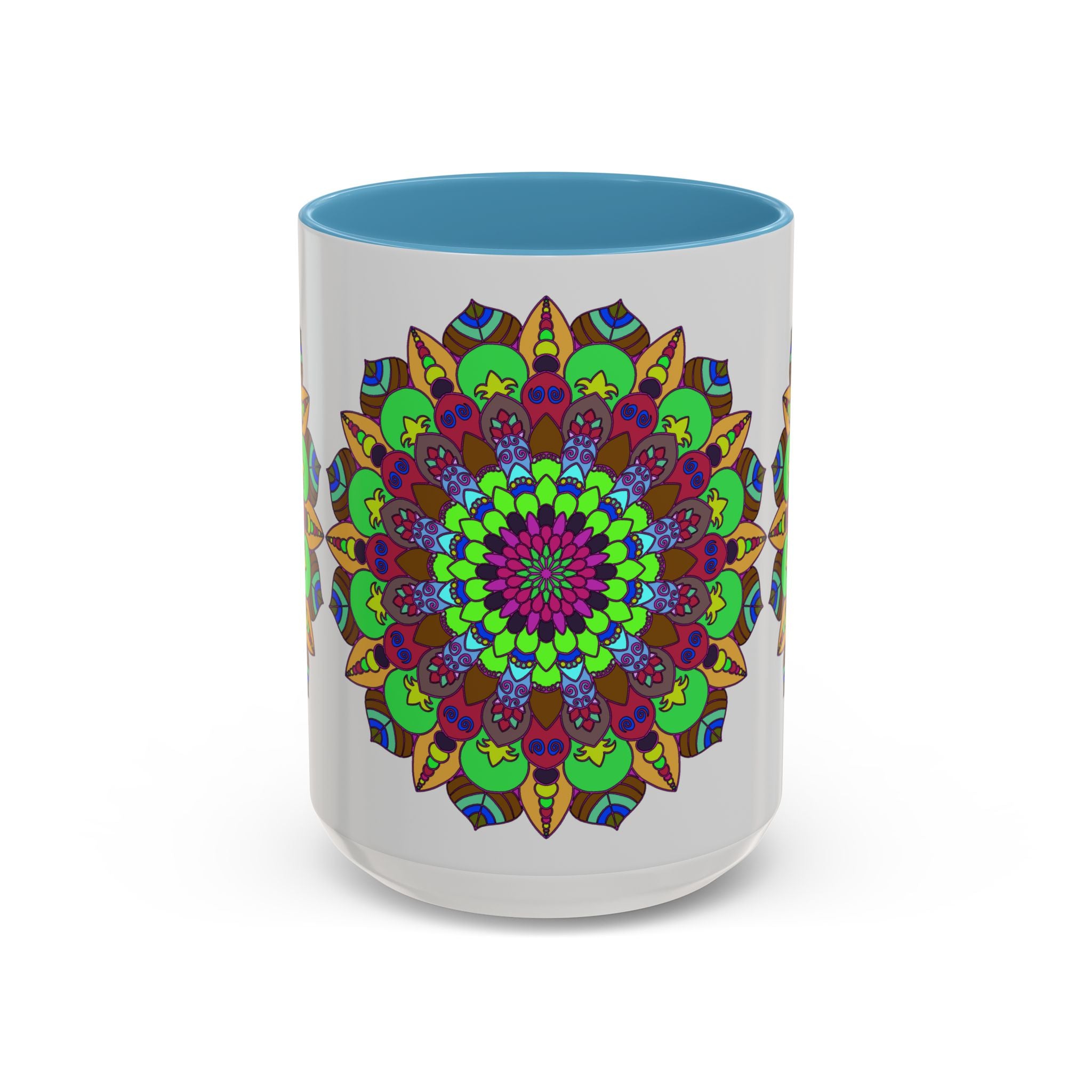 Colorful ceramic mug featuring a vibrant floral mandala design, perfect for art enthusiasts and tea lovers