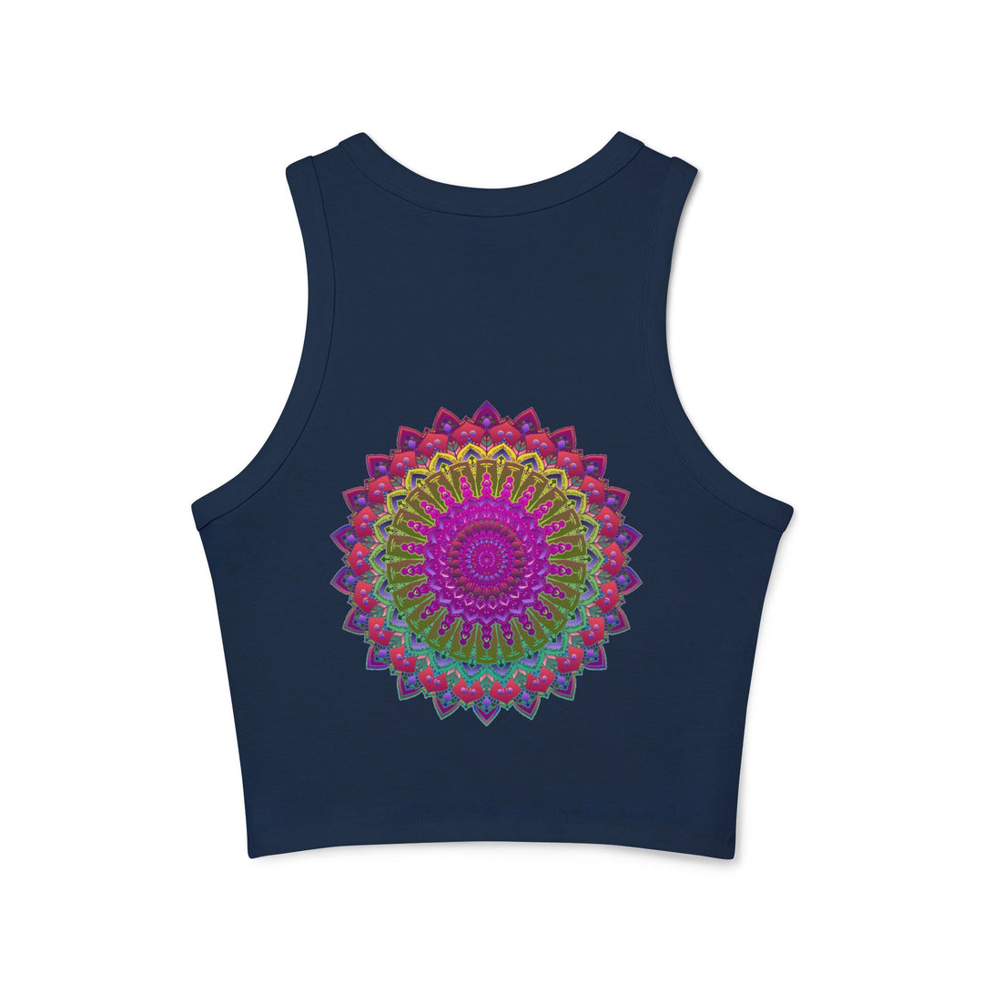 Vibrant Mandala Racerback Tank Top with intricate floral pattern in vibrant hues, perfect for yoga and casual wear