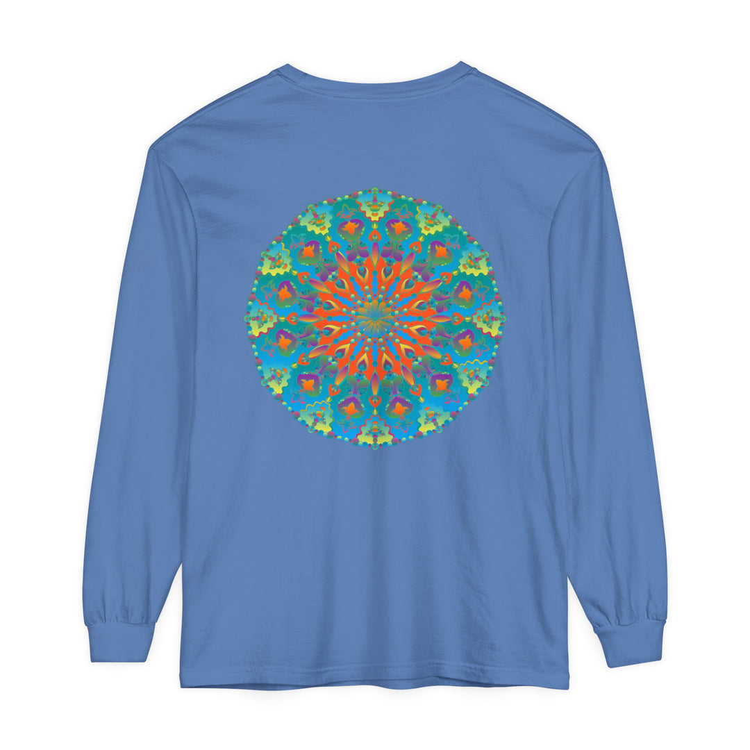 Colorful and intricate rainbow mandala design on a long sleeve t-shirt