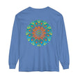 Colorful and intricate rainbow mandala design on a long sleeve t-shirt