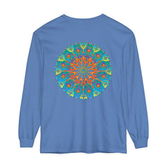 Colorful and intricate rainbow mandala design on a long sleeve t-shirt