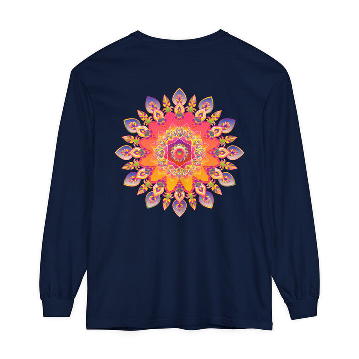 Colorful, intricate mandala design on a unisex long sleeve t-shirt