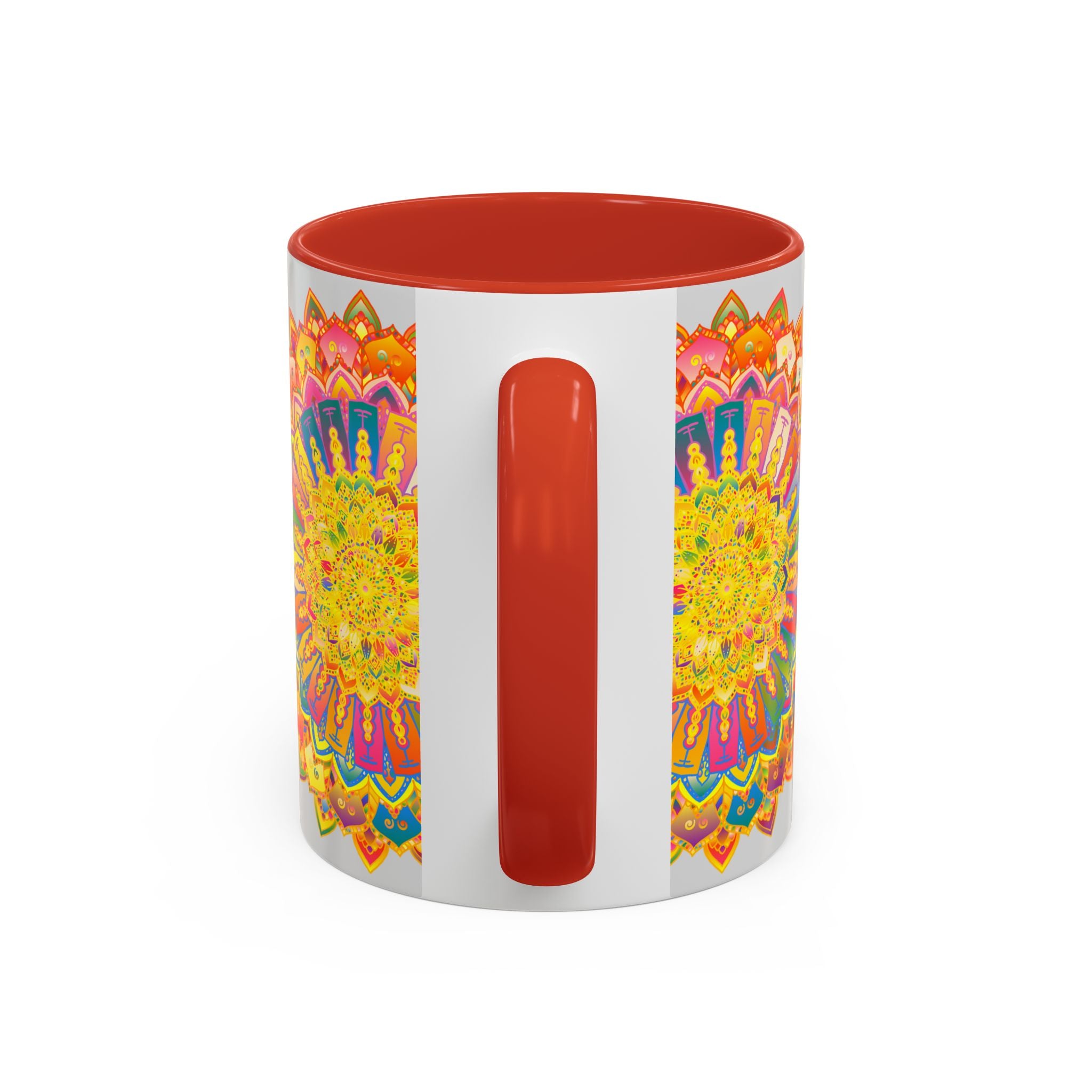 Colorful mandala mug featuring vibrant and intricate art design on grey background