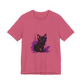 Schwarzes Katzenrätsel – Lila Farbspritzer-T-Shirt