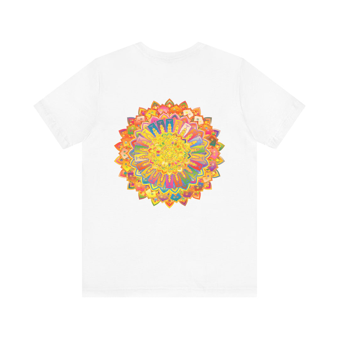 A colorful and intricate mandala design tee promoting spiritual peace and harmony