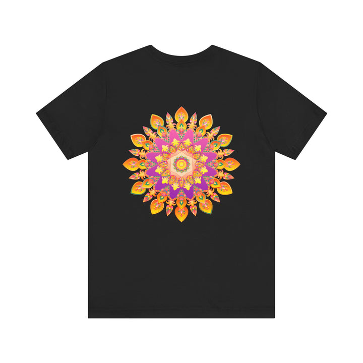 A colorful mandala design adorns this vibrant t-shirt, promoting peace and harmony