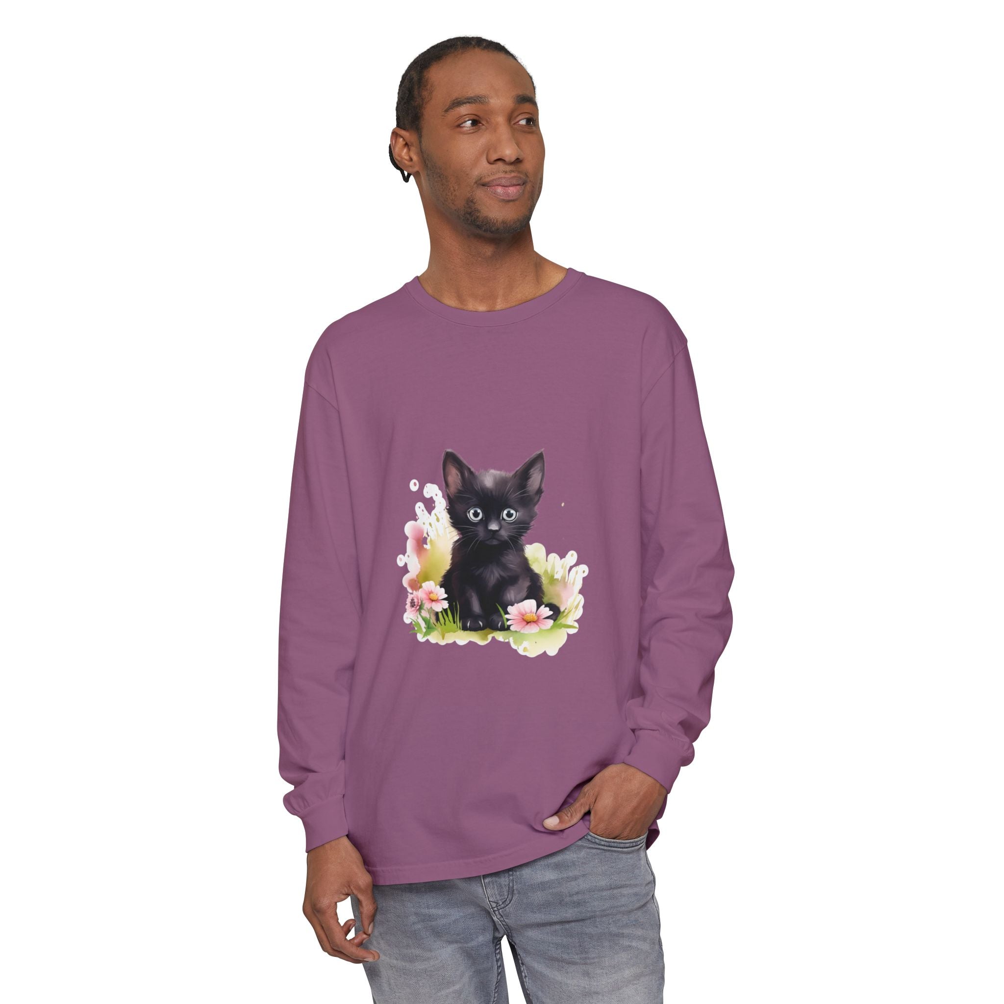 Langarmshirt | Schwarzes Kätzchen & rosa Blumen
