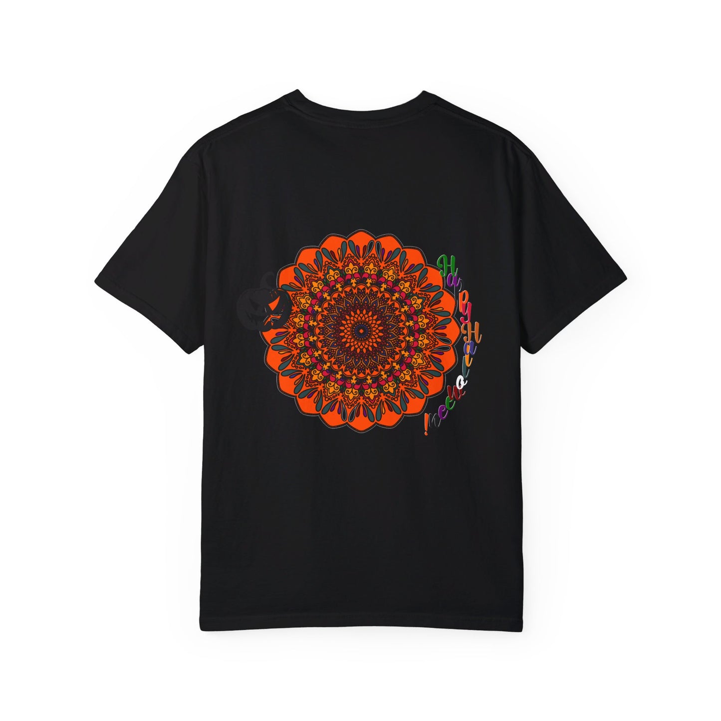 Halloween Mandala T-shirt Unisex - Handmade Pumpkin Mandala Art - Garment-Dyed Tee, perfect for celebrating Halloween in style with unique, handcrafted design