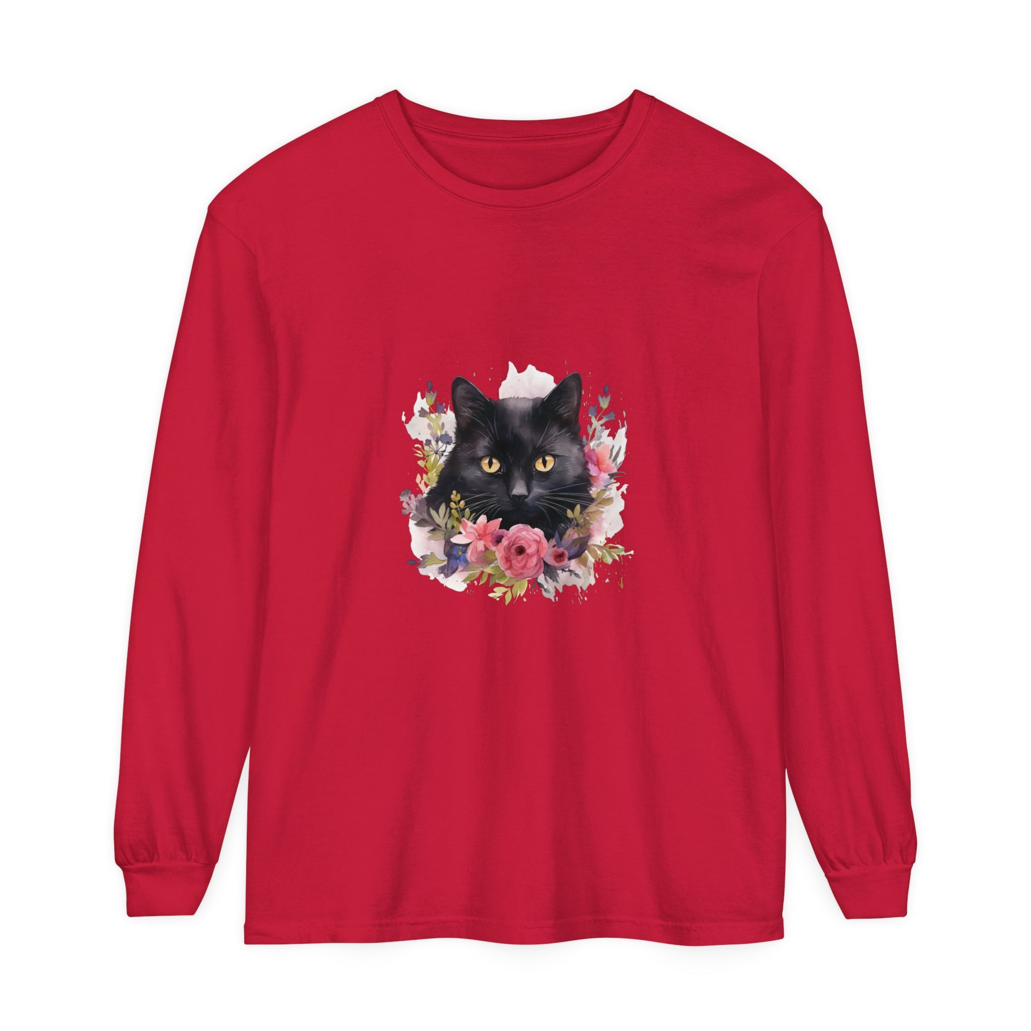 Black Cat Floral Watercolor Long Sleeve T-Shirt - Unique and stylish top featuring a watercolor design of a black cat surrounded by vibrant flowers on a long sleeve t-shirt