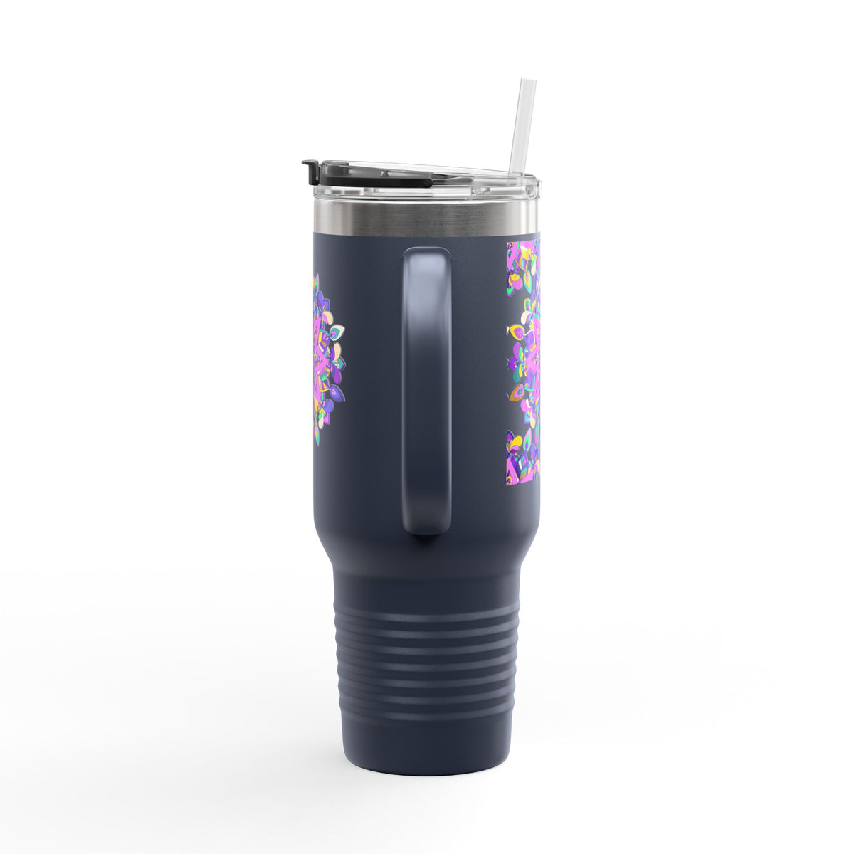 40oz Insulated Travel Mug — Purple Floral Mandala Design