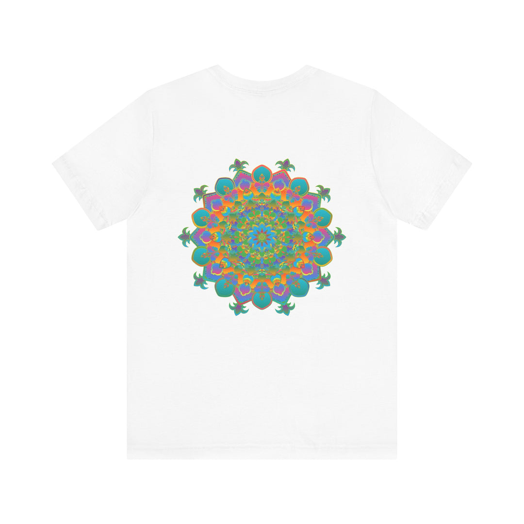 A colorful and intricate mandala design tee promoting spiritual peace and harmony