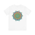 A colorful and intricate mandala design tee promoting spiritual peace and harmony