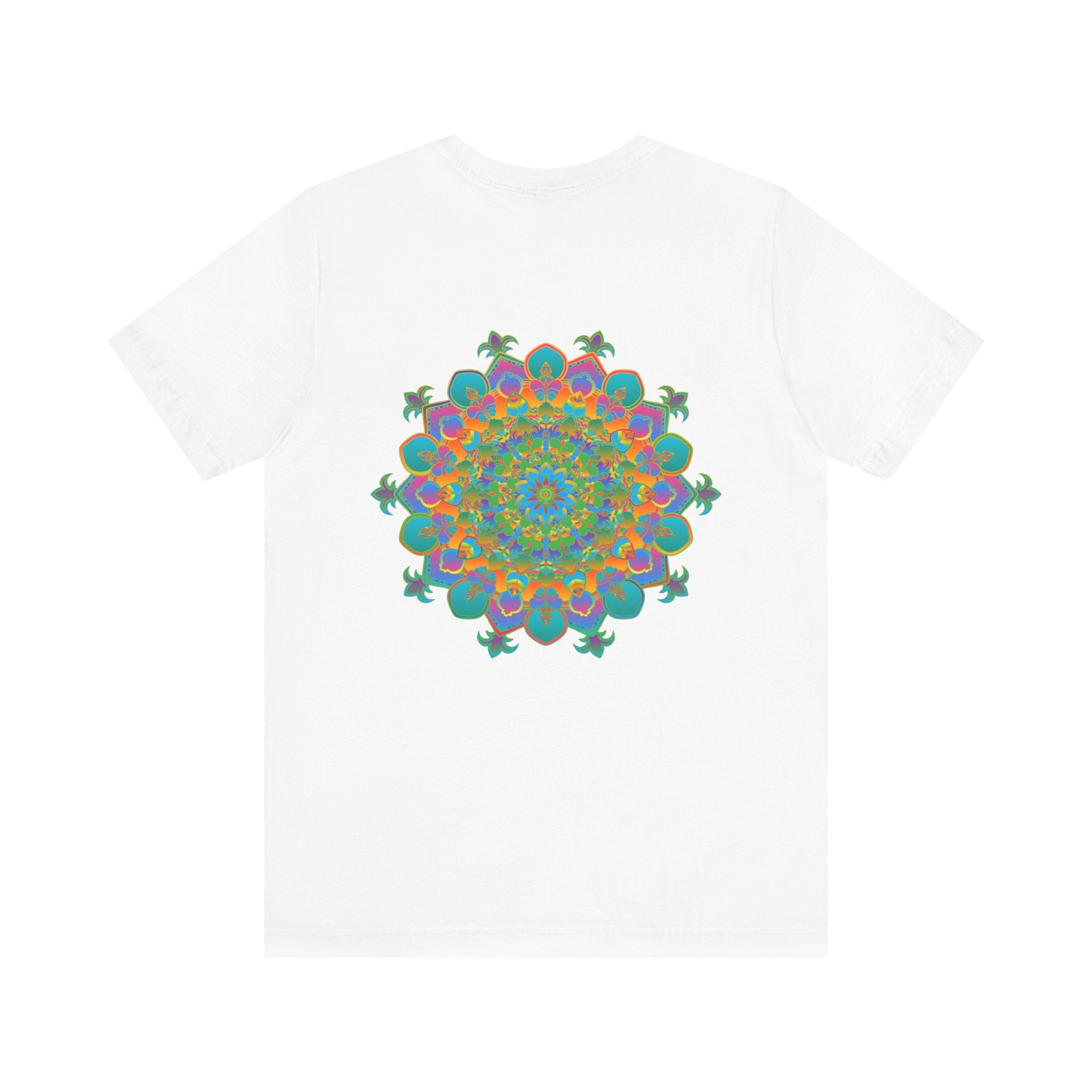 A colorful and intricate mandala design tee promoting spiritual peace and harmony