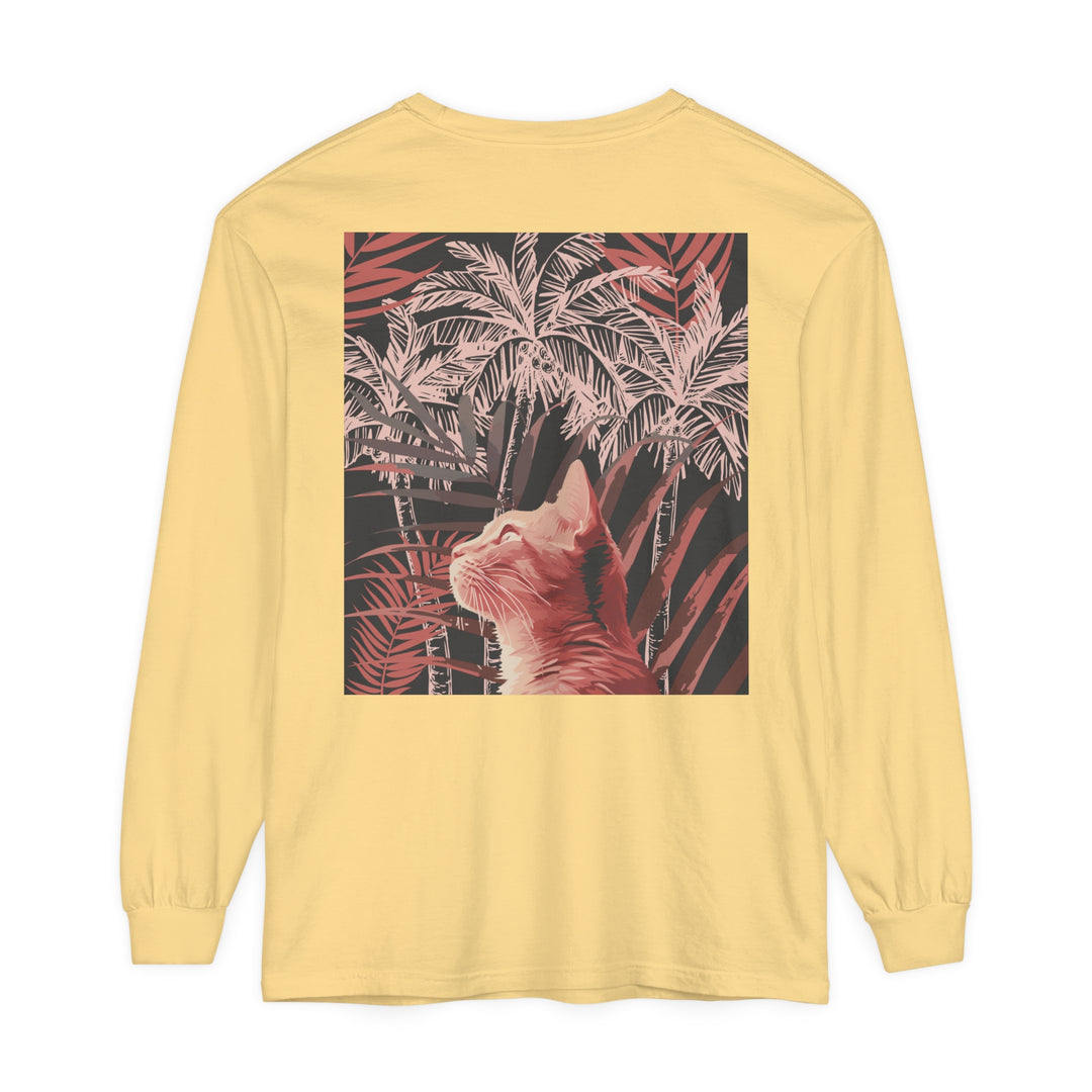 A comfortable and stylish t-shirt featuring an adorable ginger cat and palm tree design