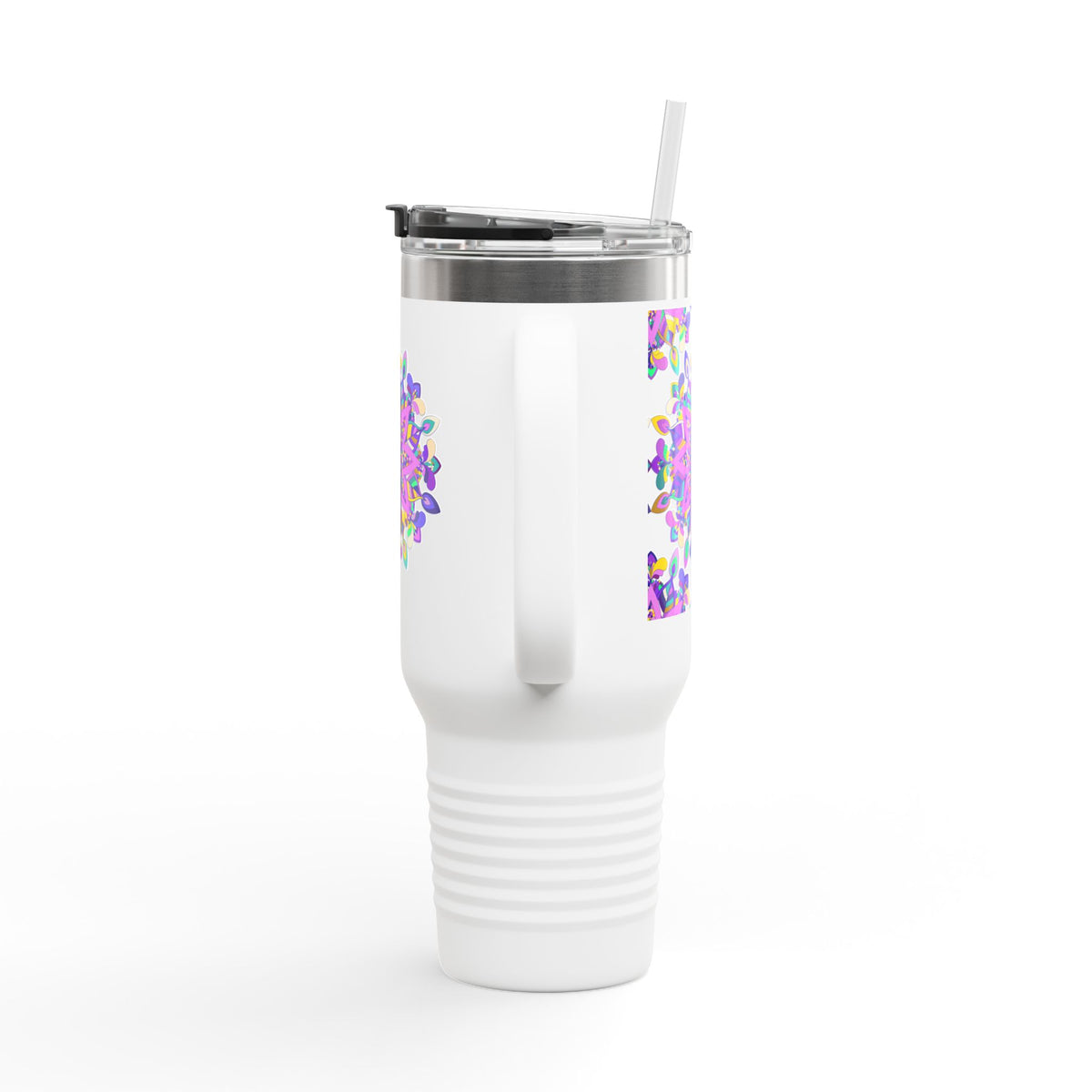 40oz Insulated Travel Mug — Purple Floral Mandala Design