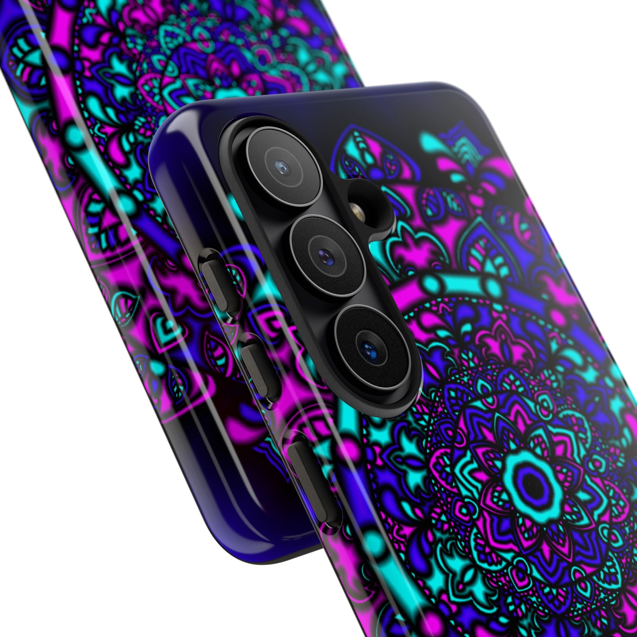 Mandala Neon Phone Case — Purple & Teal Protective Tough Case