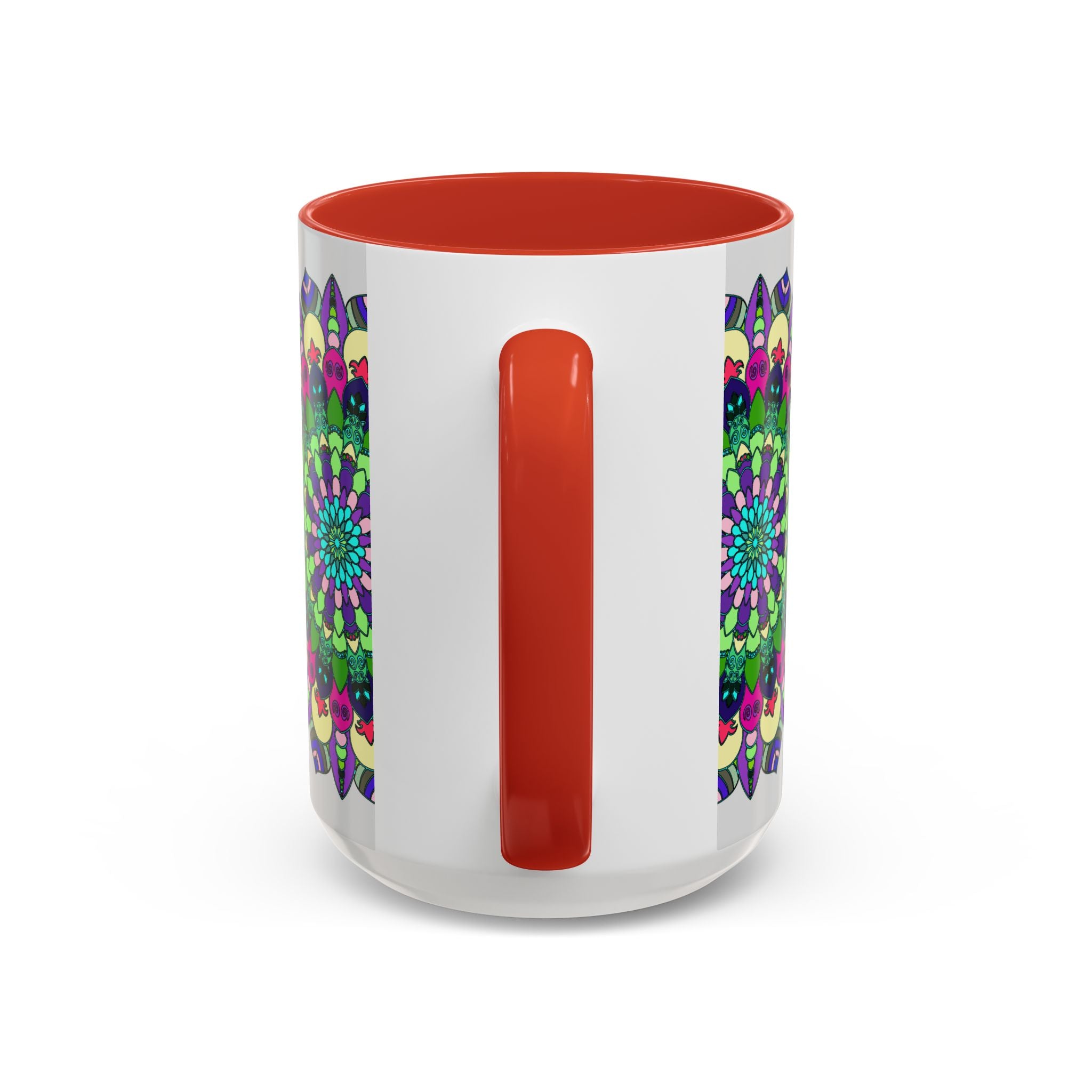 Handcrafted ceramic mug featuring vibrant mandala design, perfect for a colorful and spiritual morning ritual