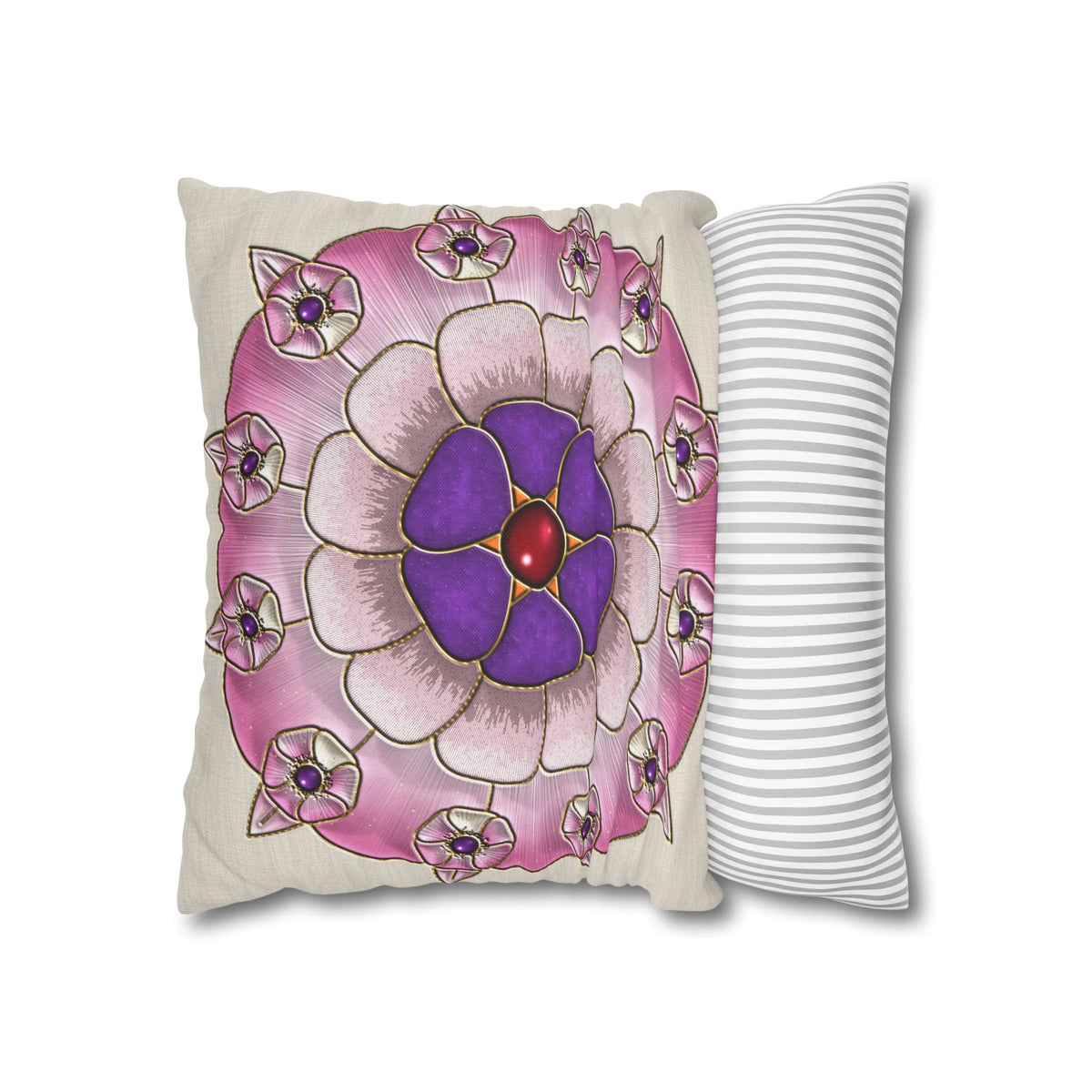Federa quadrata con motivo a mandala floreale rosa e viola