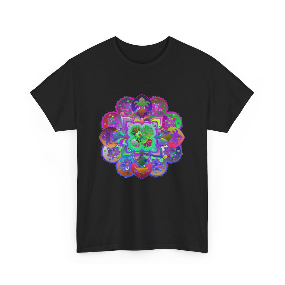 Colorful mandala art design printed on a comfortable unisex heavy cotton t-shirt for yoga and mindfulness practices