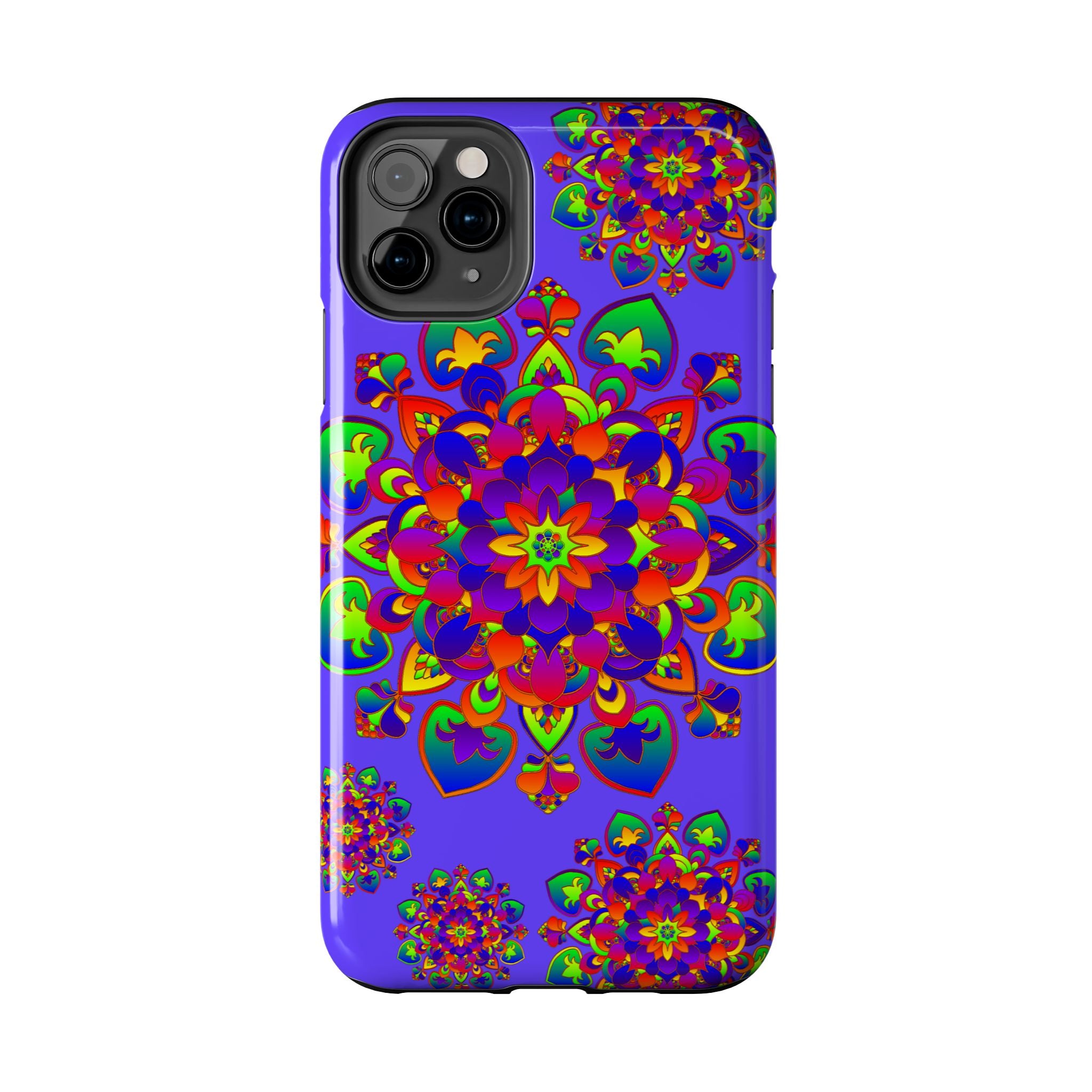 A vibrant and intricate hand-drawn mandala rainbow design phone case