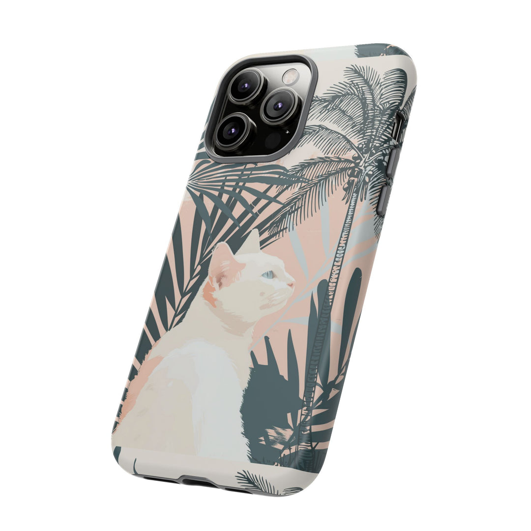 Tropische Katzen-Telefonhülle mit üppigen Palmenmotiven und sanften Pastelltönen