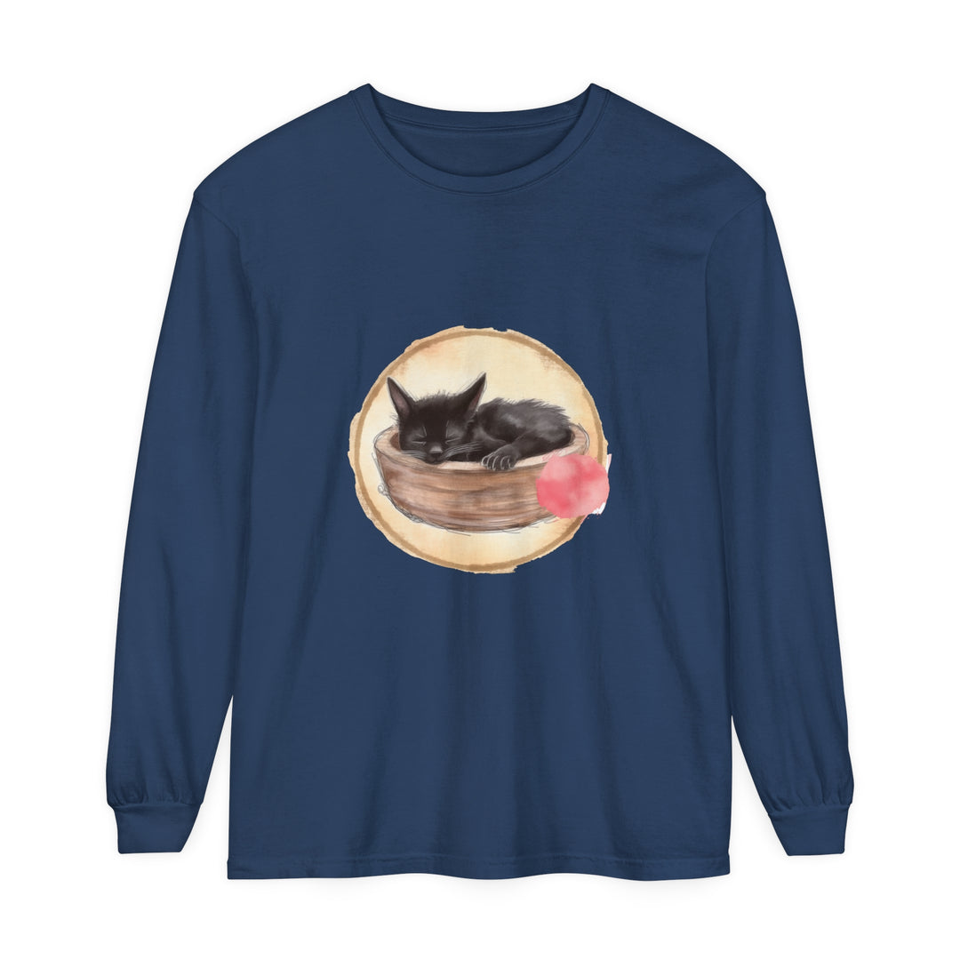 Sleeping Cat in Bowl Watercolor Long Sleeve T-Shirt featuring a cute tabby cat curled up in a watercolor-style bowl, printed on a comfortable long sleeve shirt