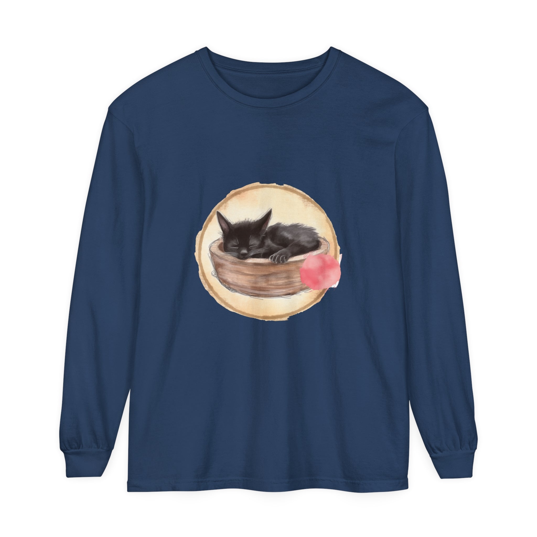 Sleeping Cat in Bowl Watercolor Long Sleeve T-Shirt featuring a cute tabby cat curled up in a watercolor-style bowl, printed on a comfortable long sleeve shirt