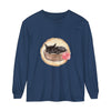 Sleeping Cat in Bowl Watercolor Long Sleeve T-Shirt featuring a cute tabby cat curled up in a watercolor-style bowl, printed on a comfortable long sleeve shirt