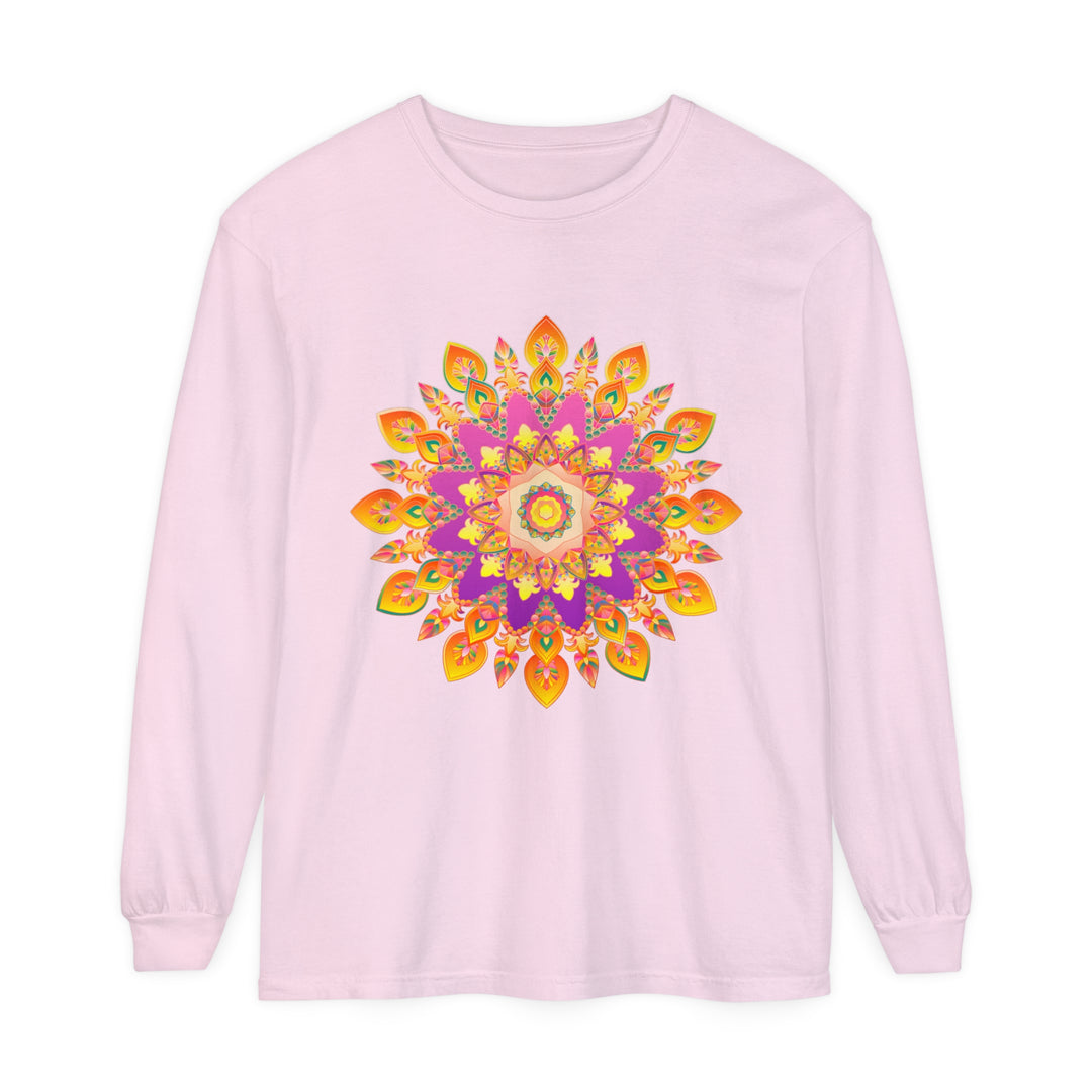 Colorful and intricately designed mandala pattern on a unisex long sleeve t-shirt