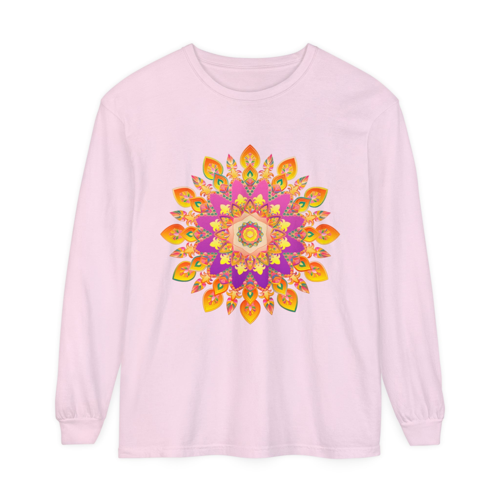 Colorful and intricately designed mandala pattern on a unisex long sleeve t-shirt