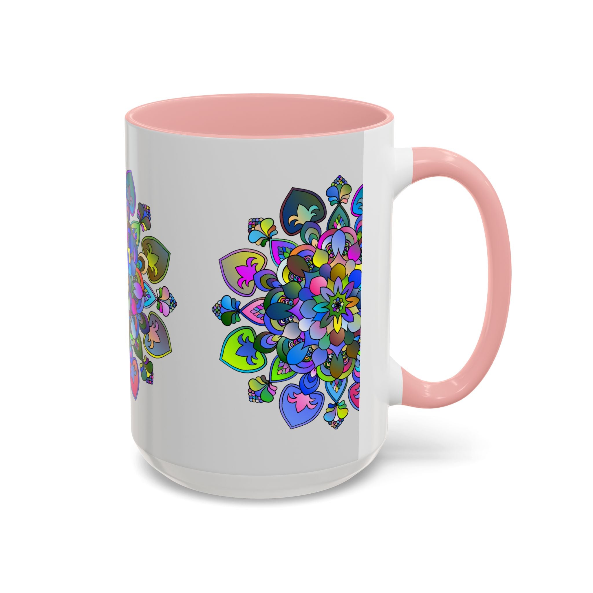 Colorful mandala pattern with floral art on grey background cup