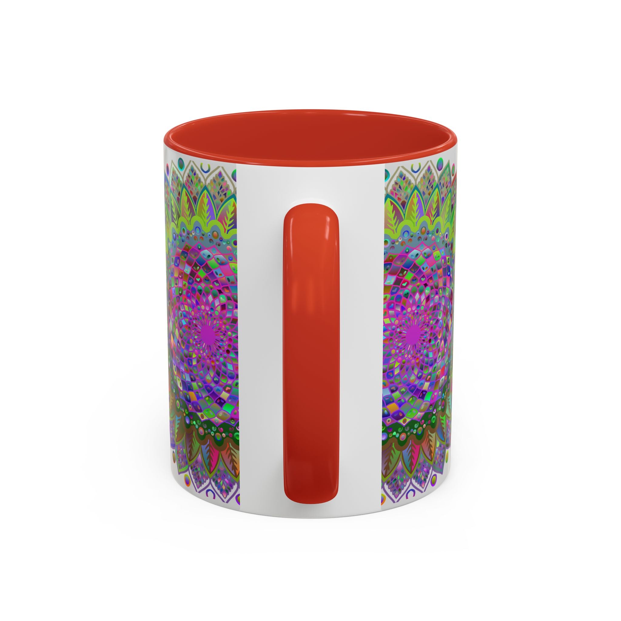 Colorful psychedelic mandala design adorns a vibrant art mug on grey background