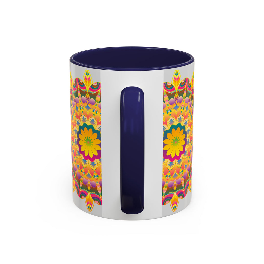 A vibrant floral mandala art design adorns this beautiful ceramic mug