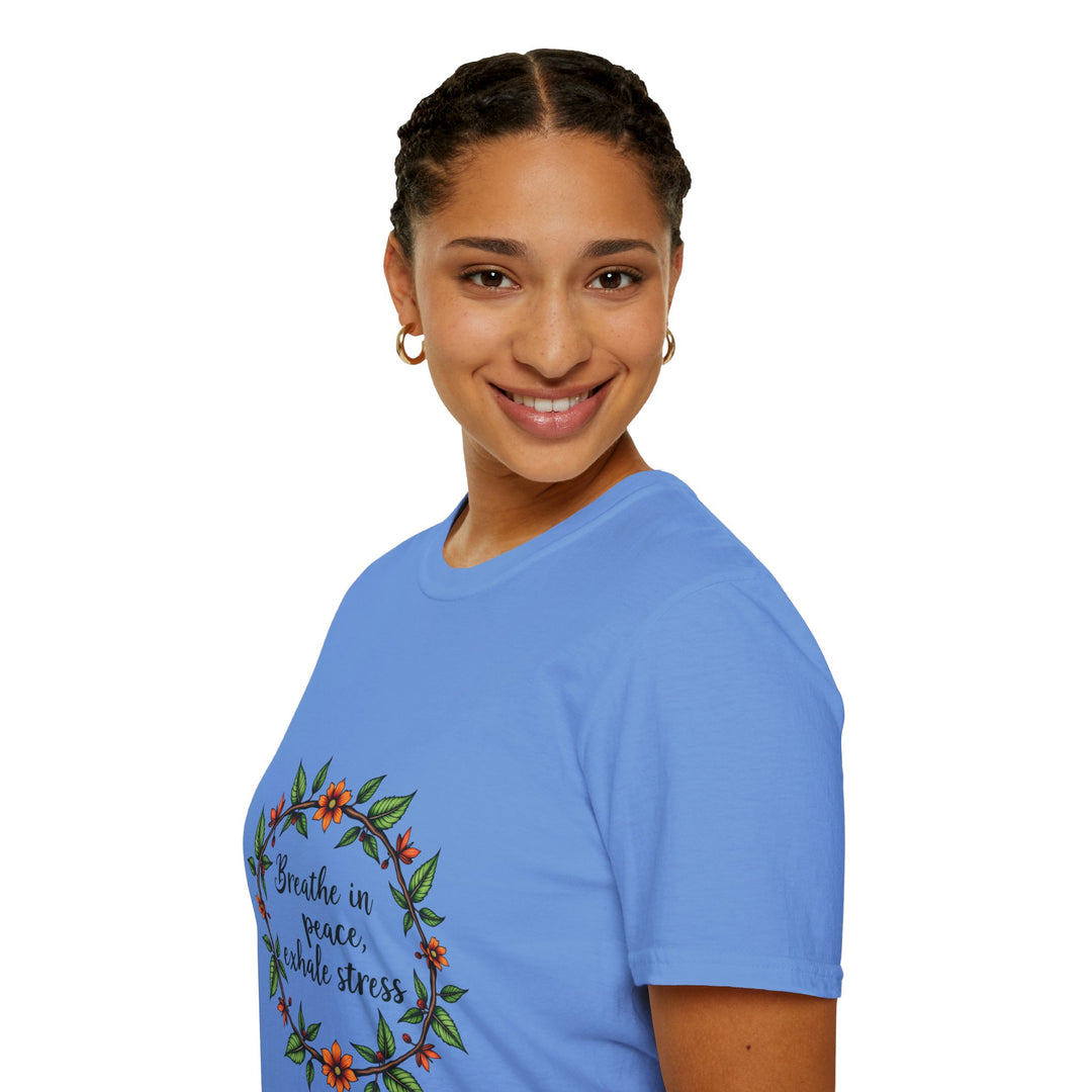 Beautiful floral garland t-shirt with the quote 'Breathe in Peace Exhale Stress' for a calming and stylish look