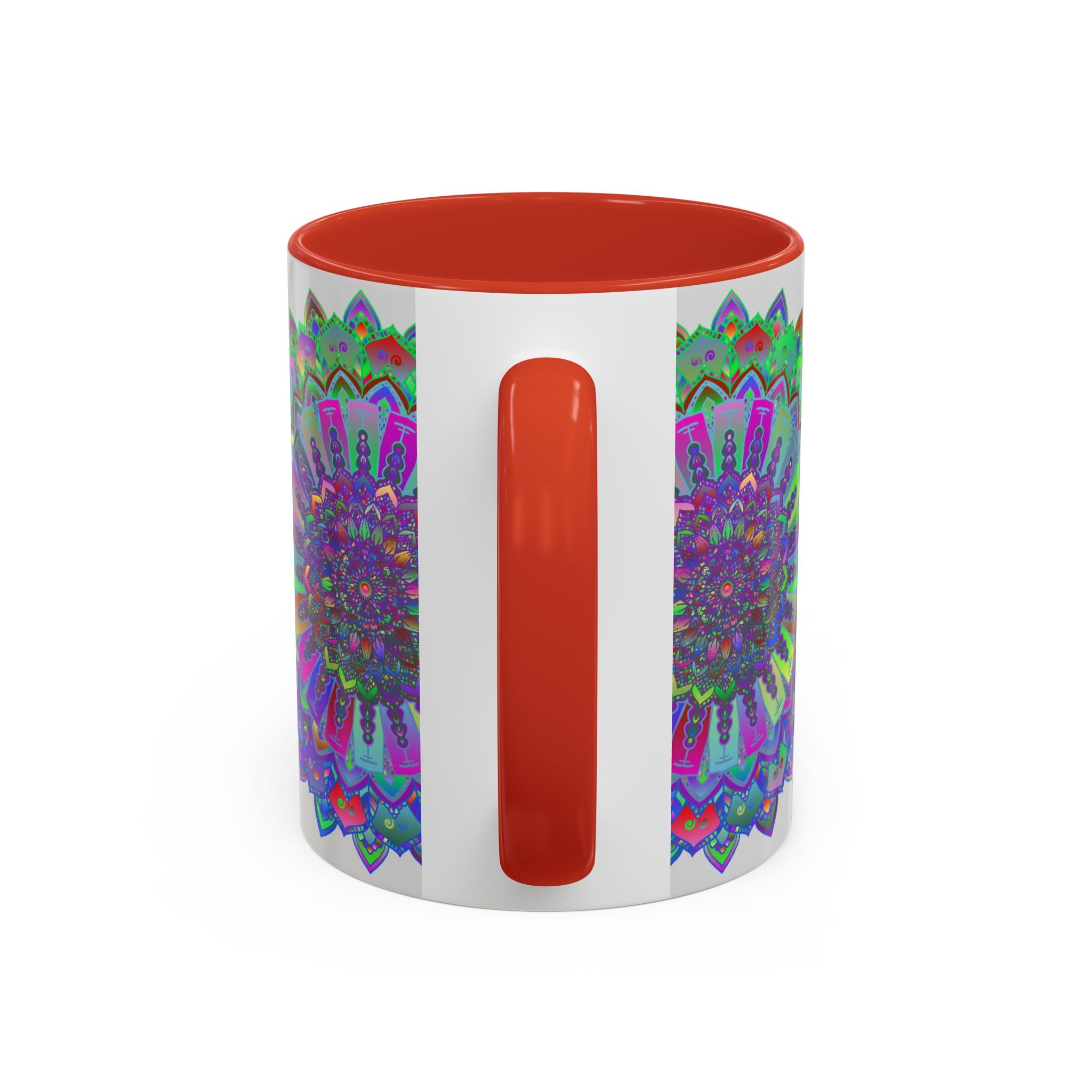 Intricately designed mandala art mug with colorful and detailed patterns in shades of orange and teal