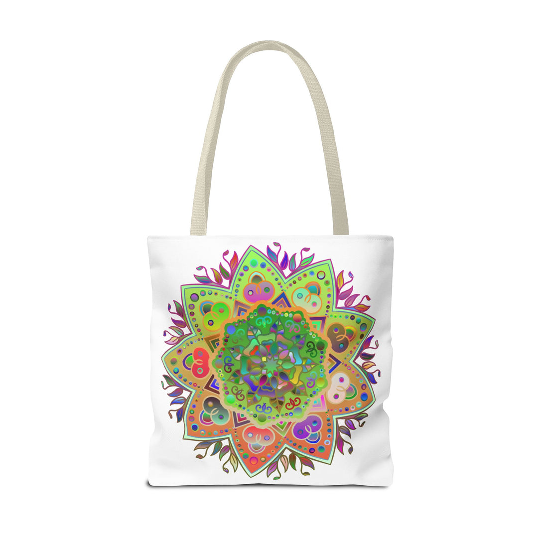 Vibrant and intricate multicolored mandala pattern on a tote bag