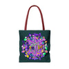 Dark green Zen Girl tote bag featuring a colorful mandala design by Blululi