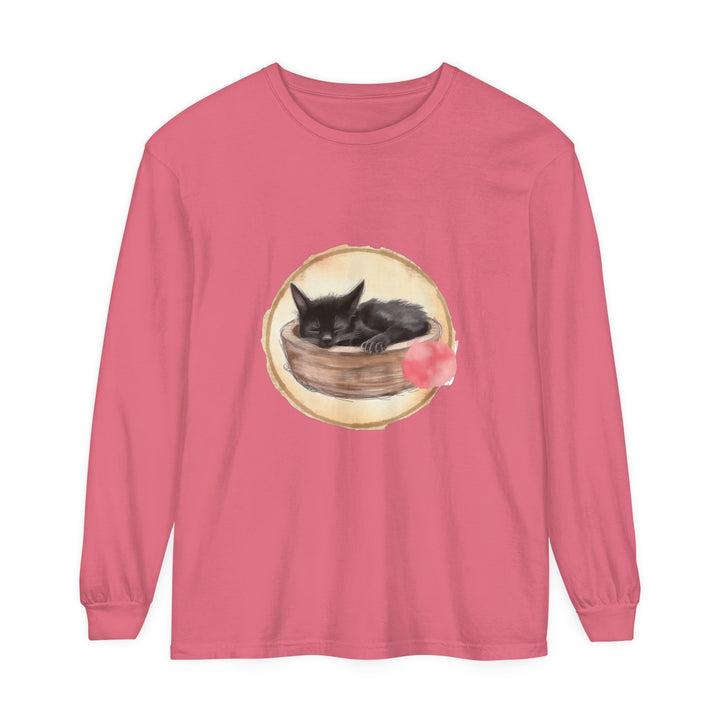 A beautiful watercolor illustration of a sleeping cat in a bowl, printed on a comfortable long sleeve t-shirt