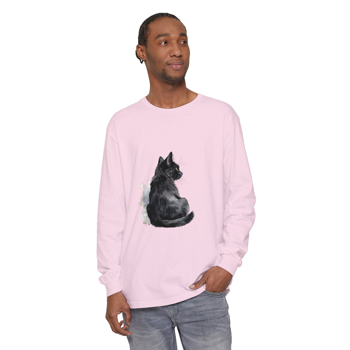 Black Cat Watercolor Unisex Long Sleeve T-Shirt featuring intricate hand-painted design