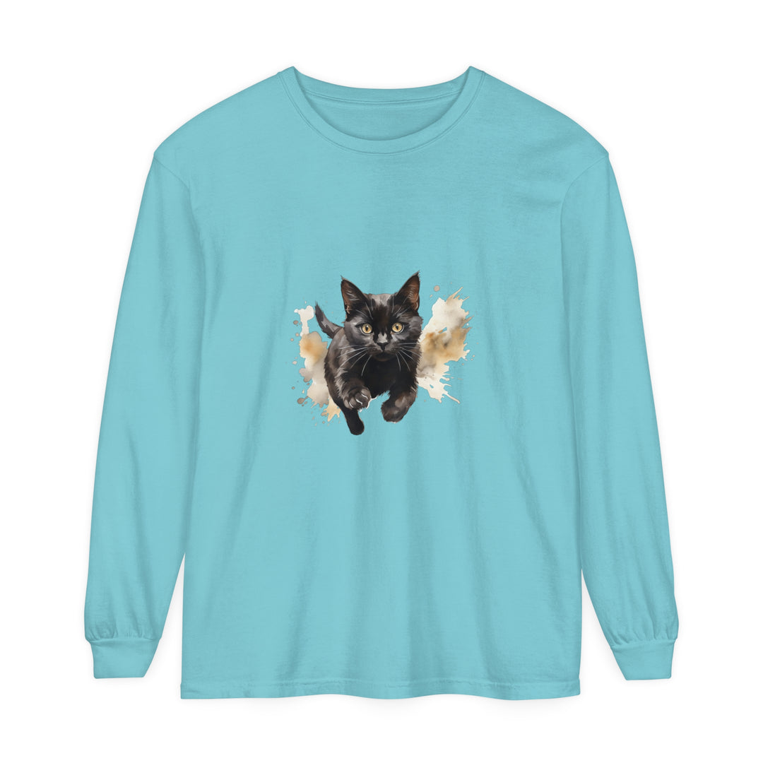 Black Cat Watercolor Sprint Unisex T-Shirt, featuring a vibrant watercolor design of a black cat running, perfect for animal lovers and cat enthusiasts