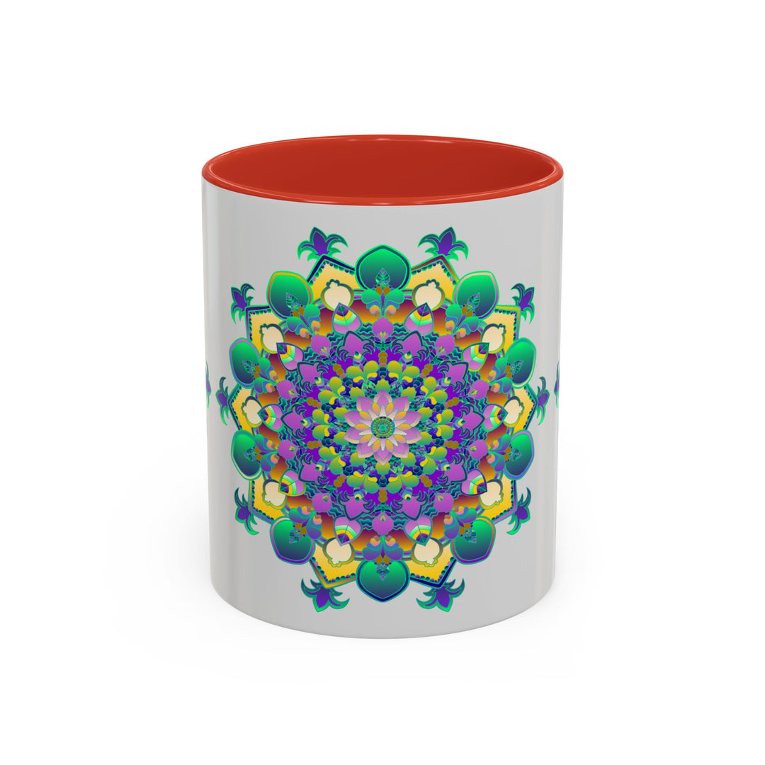 Beautiful light grey mug with intricate vibrant mandala art design