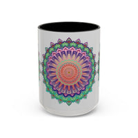 Handcrafted ceramic mug featuring a beautiful mandala art design with vibrant floral patterns in various colors
