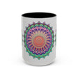 Handcrafted ceramic mug featuring a beautiful mandala art design with vibrant floral patterns in various colors