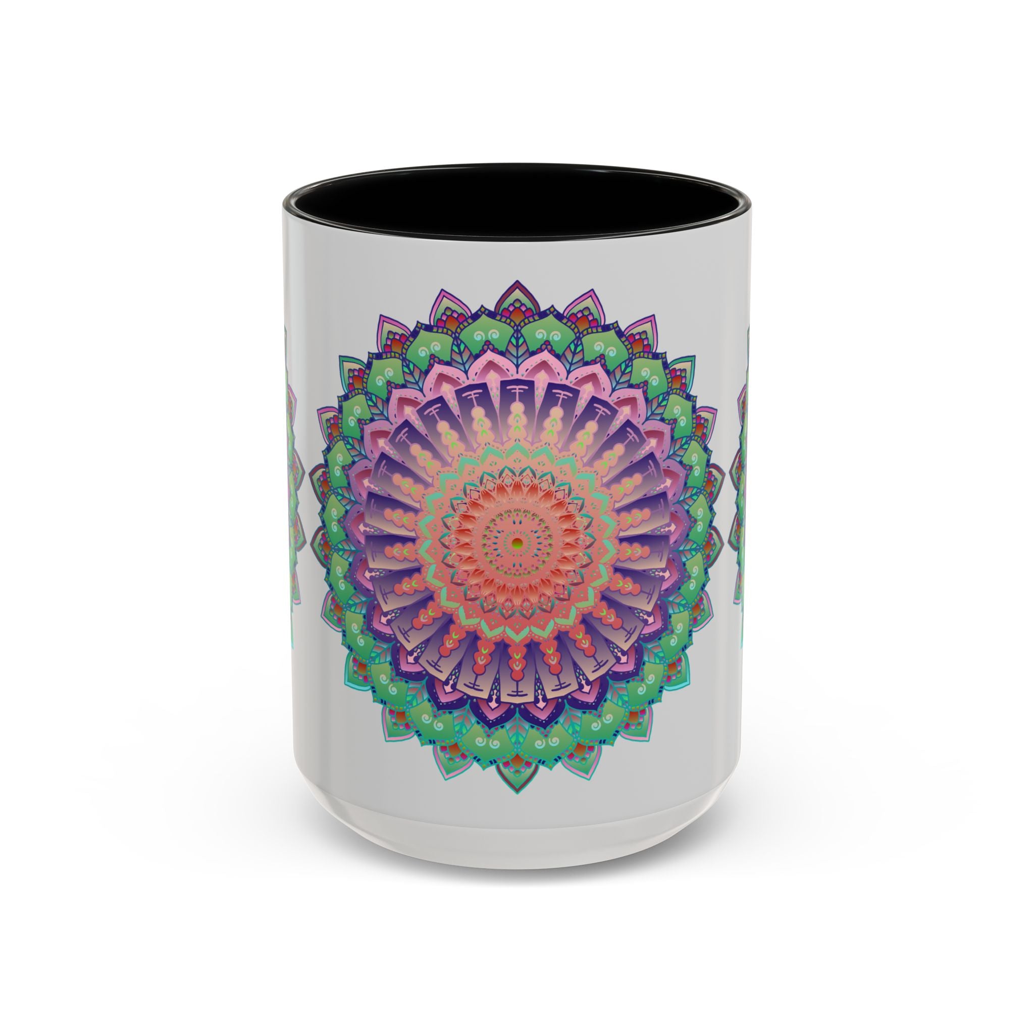 Handcrafted ceramic mug featuring a beautiful mandala art design with vibrant floral patterns in various colors