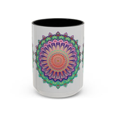 Handcrafted ceramic mug featuring a beautiful mandala art design with vibrant floral patterns in various colors
