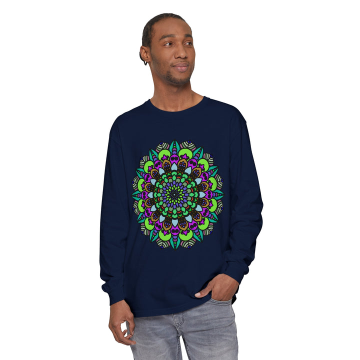 Vibrant and colorful psychedelic mandala design on a unisex long sleeve t-shirt