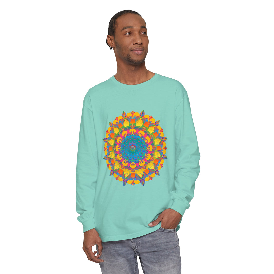 Vibrant Mandala Unisex Long Sleeve T-Shirt featuring a colorful and intricate mandala design