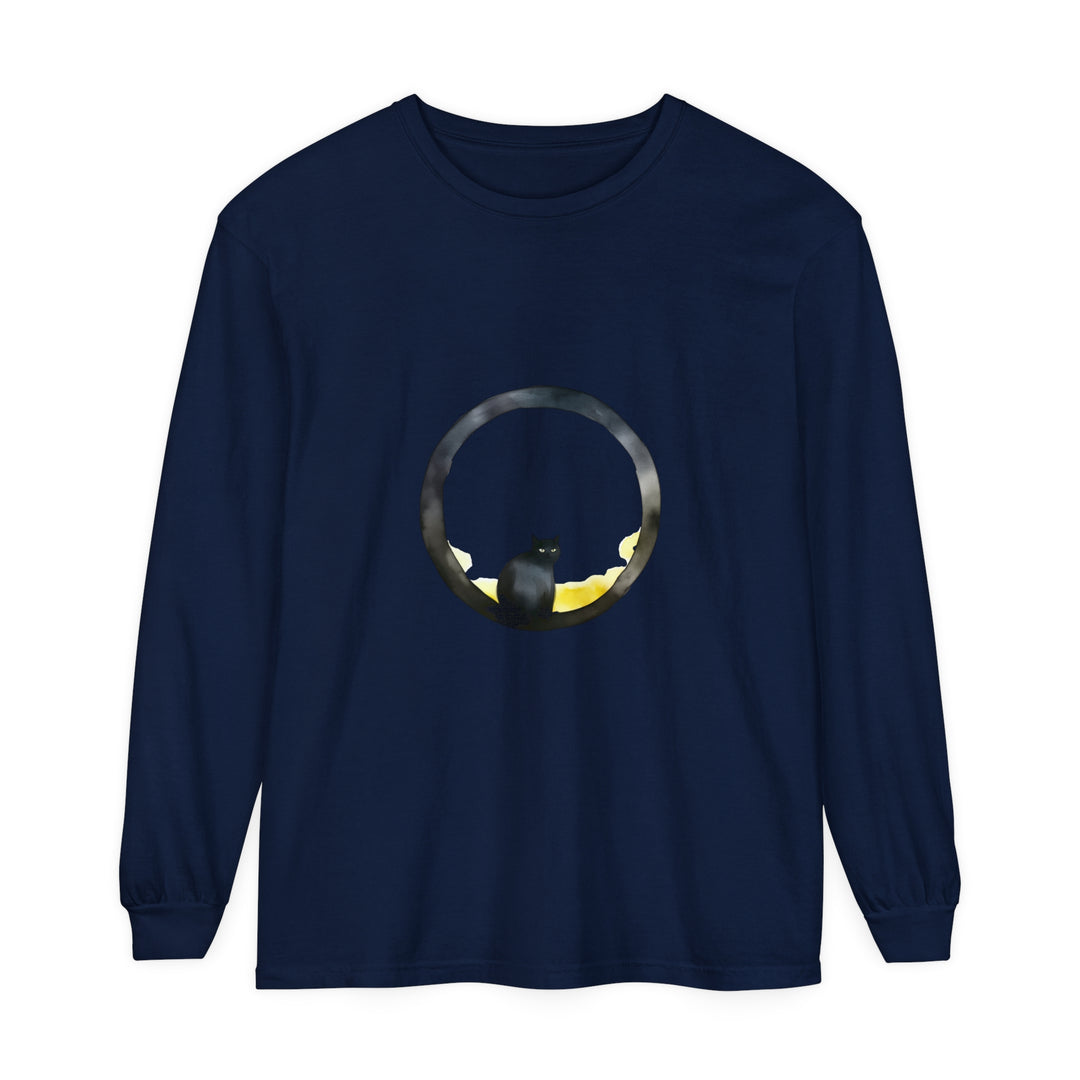 Black Cat Moon Glow Long Sleeve T-Shirt, a stylish and comfortable black shirt with a moonlit cat design